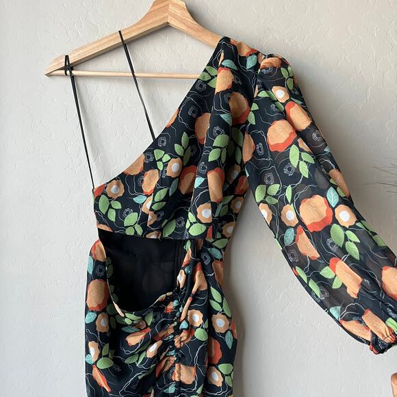 NEW Sau Lee Dress Black Floral One Shoulder Cut Out Cocktail Maxi Dress Sz 2 - Picture 3 of 10
